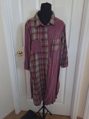April Cornell Patchwork Midi Dress Wine & Green Plaid Floral Print Button Down L
